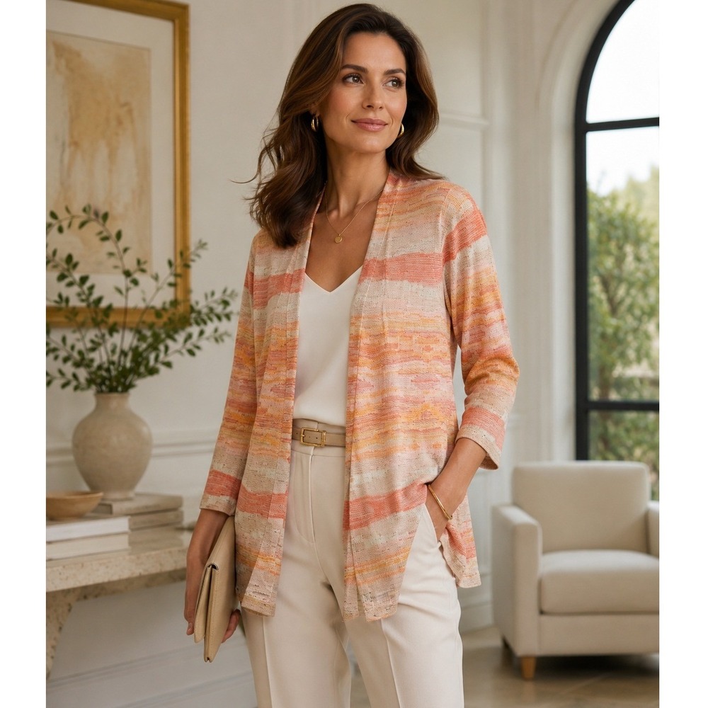 J.Jill Women's Medium Cotton‎ Linen Striped Open Front Duster Cardigan